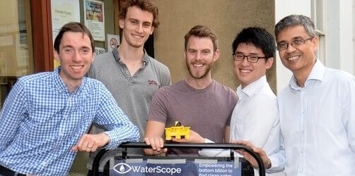 13/06/16 Waterscope launch event
Centre for Global Equality, Emmanuel Church Centre, Trumpington St, Cambridge.  Waterscope Launch Event. Waterscope Team l-r: Richard Bowman, Ben Trigg, Alex Patto, Tianheng Zhao (c), Nalin Patel. 
Pic: Vikki Lince